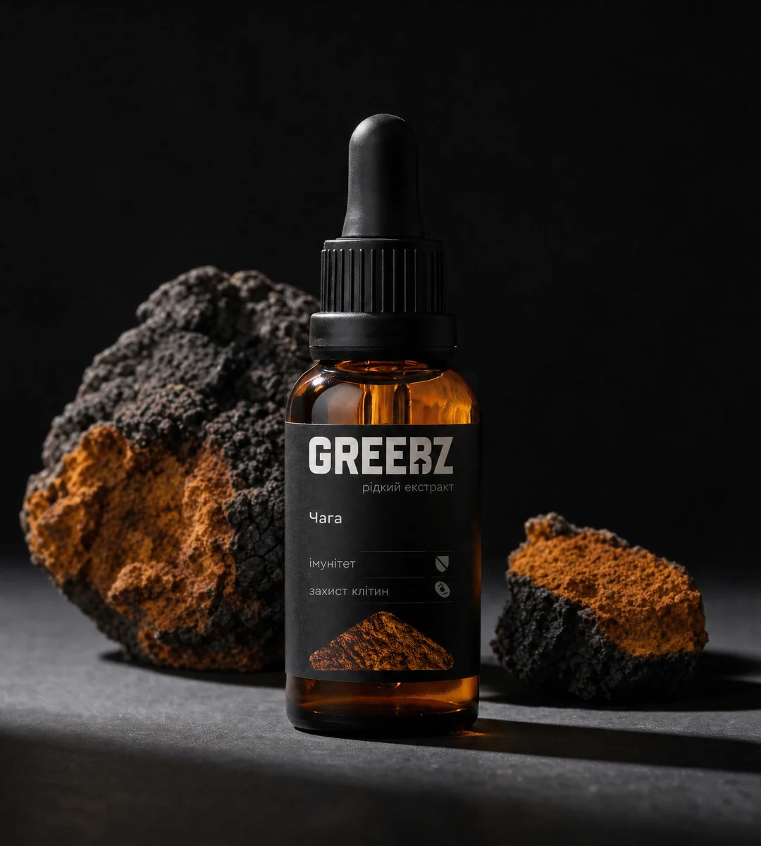 Флакон екстракту чаги GREEBZ 30 мл поруч із шматком чаги на чорному тлі