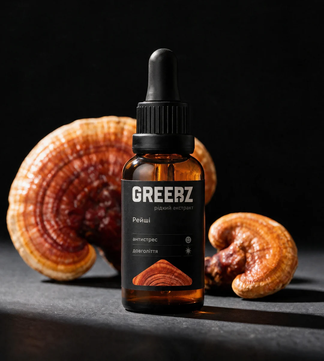Флакон екстракту рейші GREEBZ 30 мл поруч із плодовим тілом рейші на чорному тлі