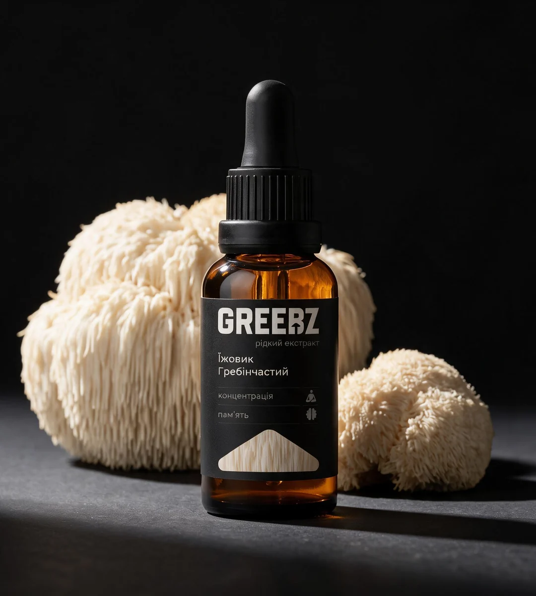 Флакон екстракту їжовика GREEBZ 30 мл поруч із плодовим тілом їжовика гребінчастого на чорному тлі